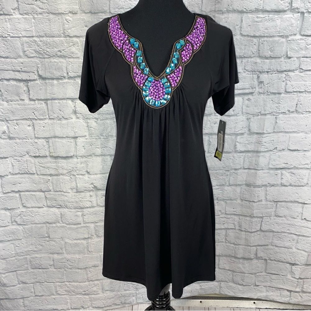 Calessa vneck short sleeve flowy mini dress with beads & jewels NWT sz S